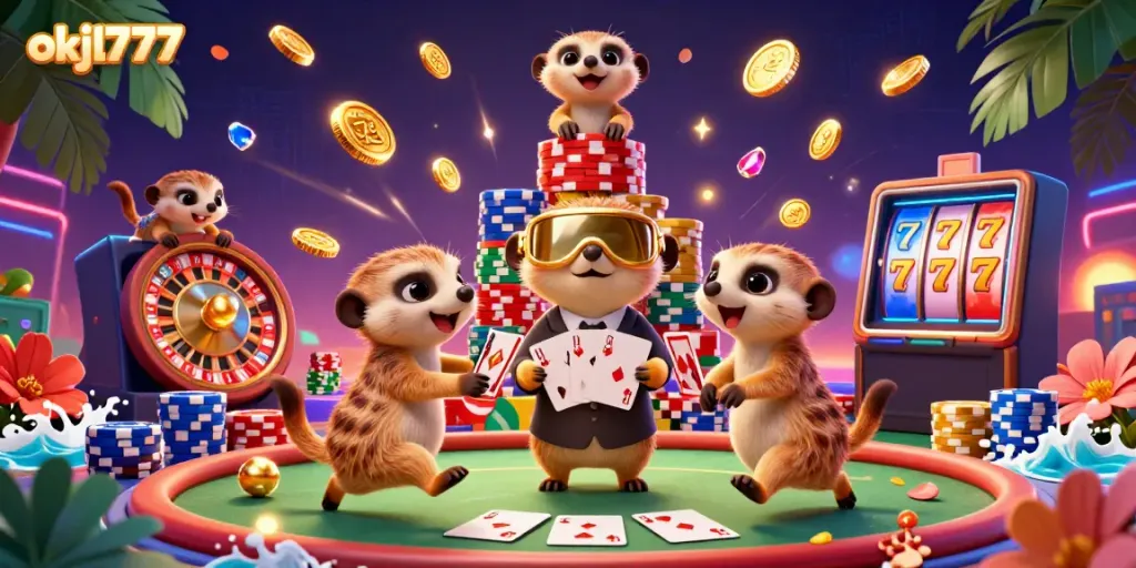 Experience the lively casino scene of meerkats at okjl777 with colorful chips and golden coins.