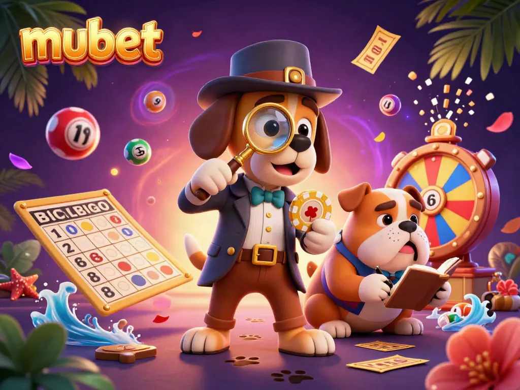 Engage with mubet's exciting gaming themes, featuring a detective uncovering treasure clues in a vibrant casino scene.