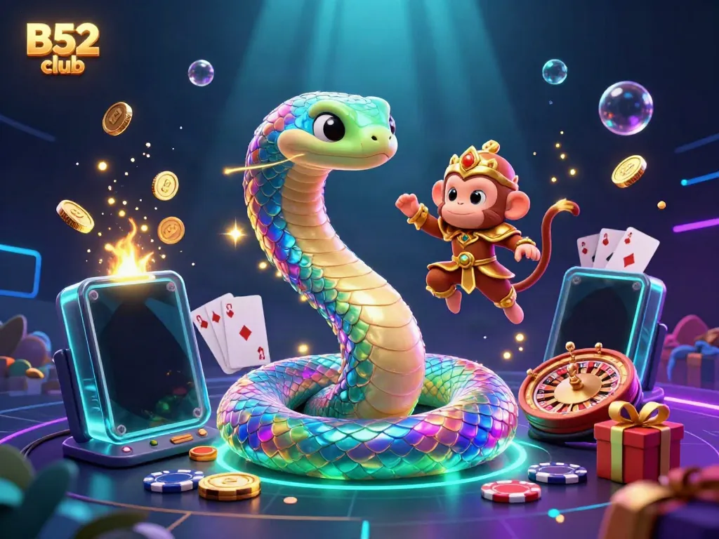 Experience the thrill of B52 club with vibrant symbols, gold coins, and characters in action.