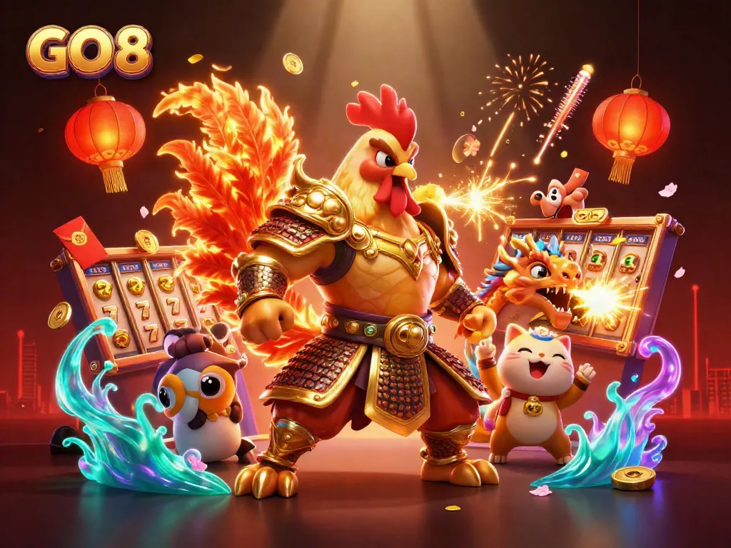 Win big at GO 8 with vibrant characters and immersive slot games in a dynamic illustration.