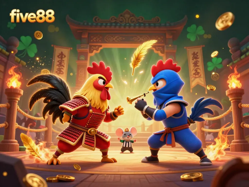 Engage in thrilling rooster combat at five88, highlighting dynamic gaming elements in a vibrant arena.