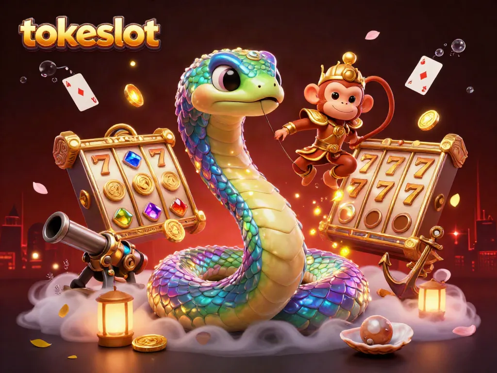 Permainan seru di TOKESLOT dengan simbol slot, koin emas, dan karakter berwarna-warni.