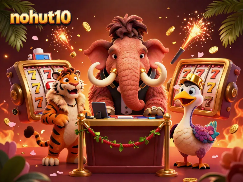 Experience the vibrant world of nohut10 with colorful slot reels and playful characters at the casino entrance.