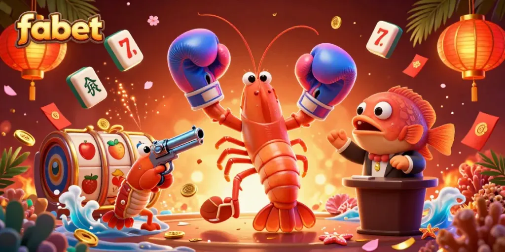 Experience the thrill of fabet with vibrant slot symbols and playful underwater characters in a dynamic casino scene.