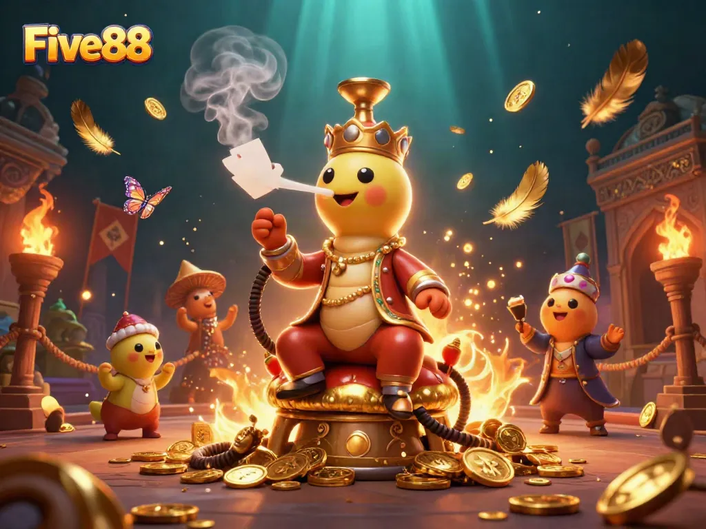 Experience thrilling gameplay at Five88 with a vibrant 3D casino fantasy scene, showcasing unique characters and dynamic gambling elements.