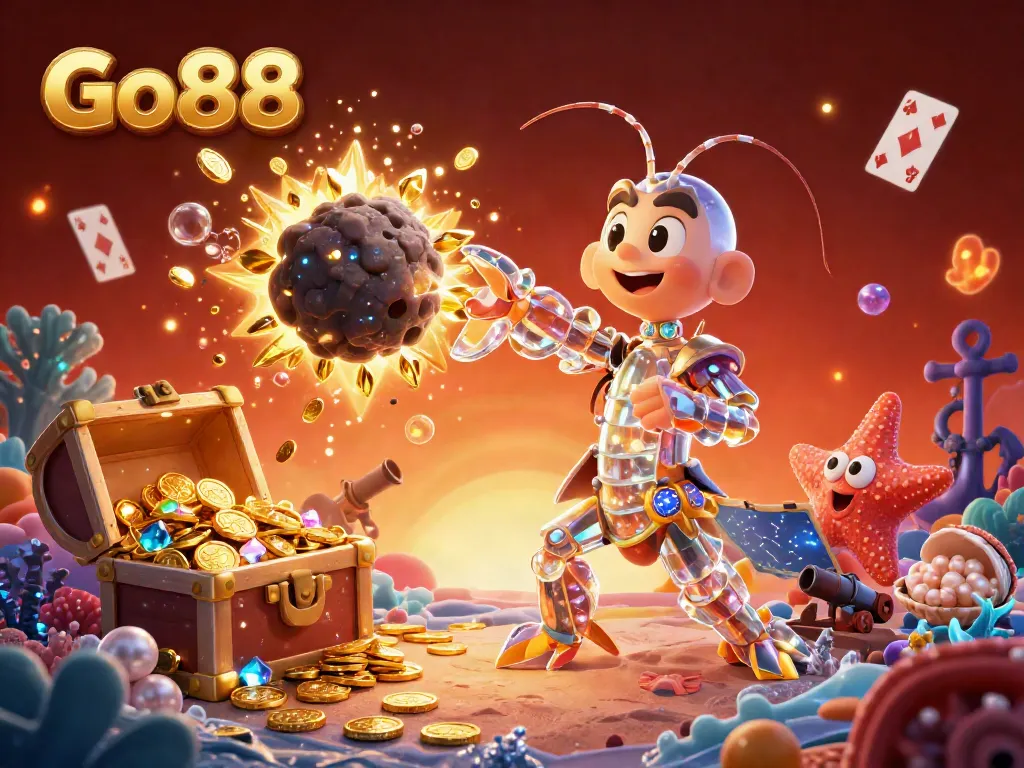 Engage with Go88 in an immersive 3D casino scene exploring vibrant underwater treasures and glowing game elements.