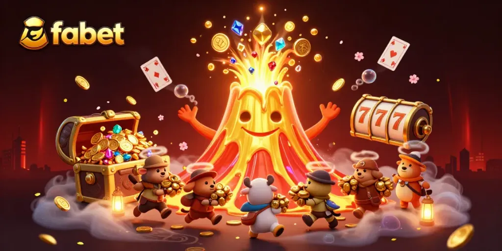 Experience the excitement of fabet with a lively 3D volcano bursting with treasure in this casino-themed illustration.