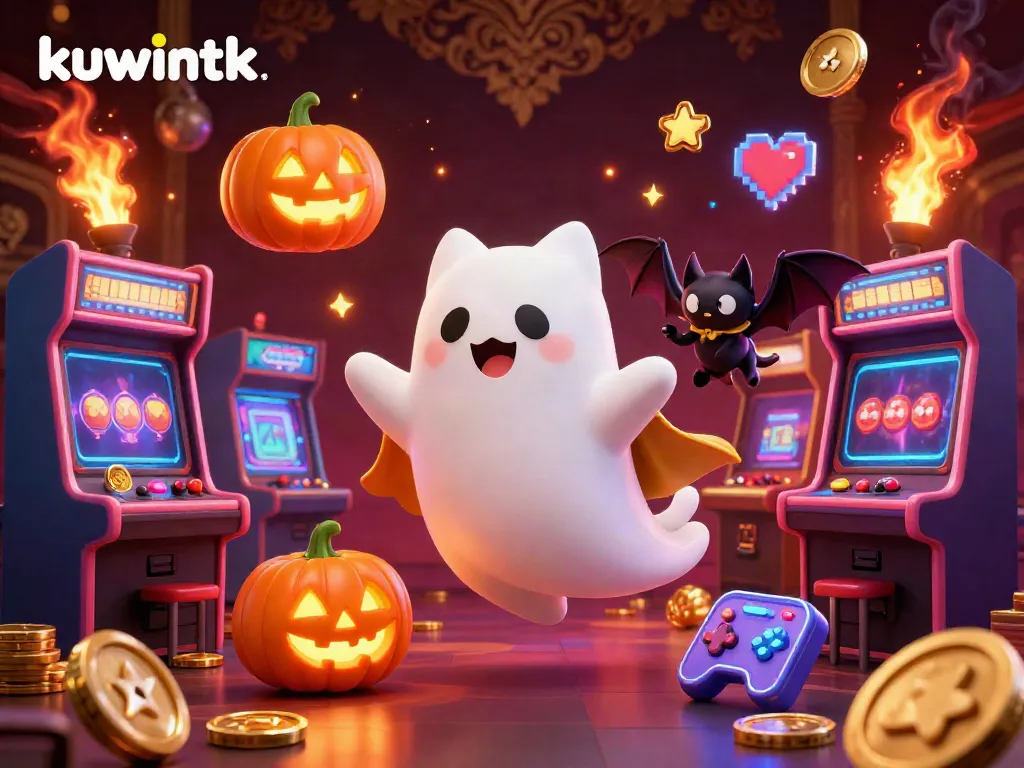 Experience the thrilling casino scene at kuwintk with animated ghost cat and vibrant game elements.