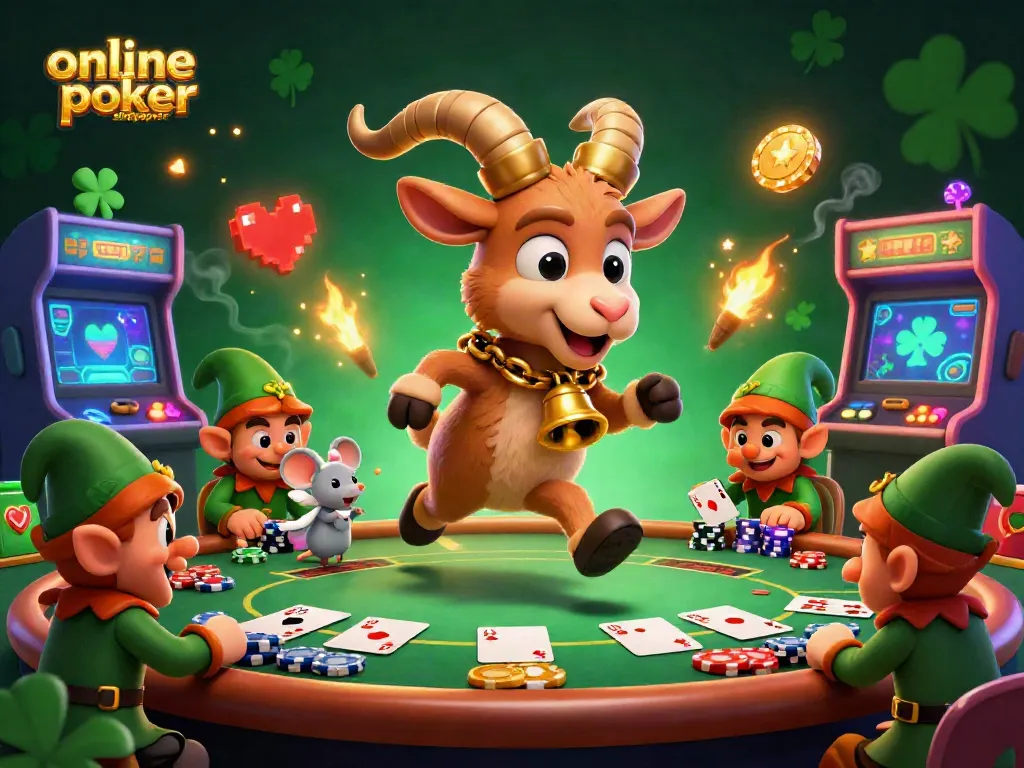 Experience thrilling action at online poker singapore with dynamic scenes of gremlins stealing chips and festive characters.