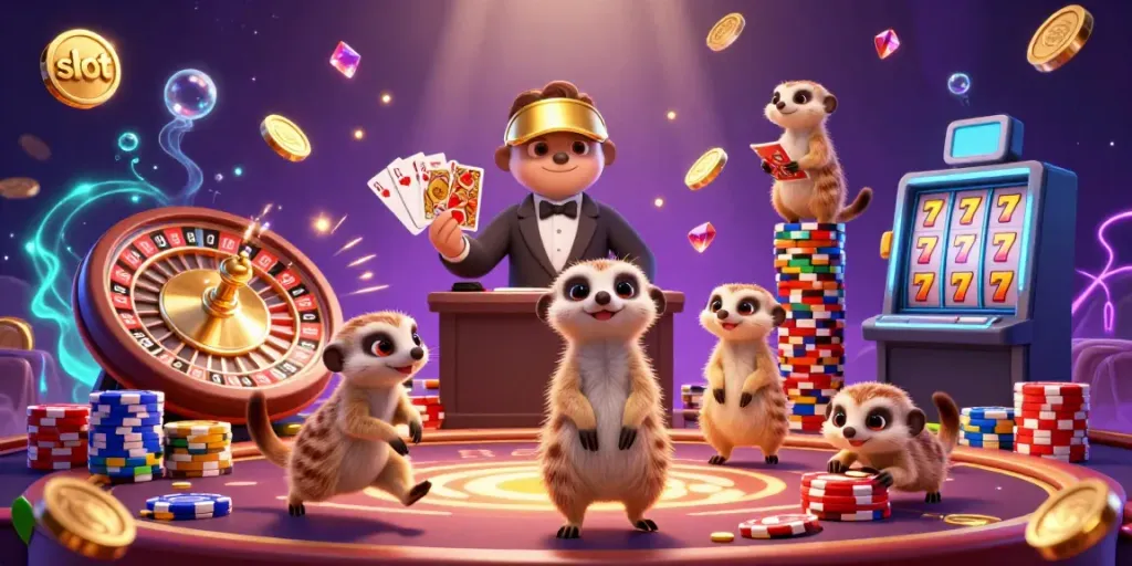 Meerkats manage a vibrant slot casino, featuring golden coins, spinning roulette, and playful elements.