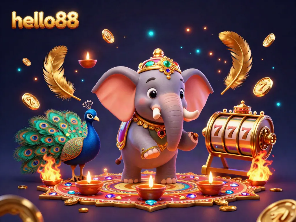 Experience the thrill of hello88 with colorful 3D casino-themed elements including festive characters and slot machine reels.