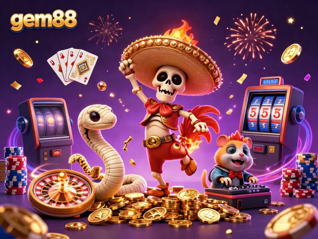 Experience the thrill of gem88 with a colorful, lively casino scene featuring a mariachi rooster and a DJ hamster.