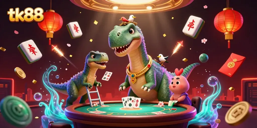 Experience the excitement of tk88 with a whimsical 3D casino scene featuring a giant brontosaurus and playful raptor dealers.