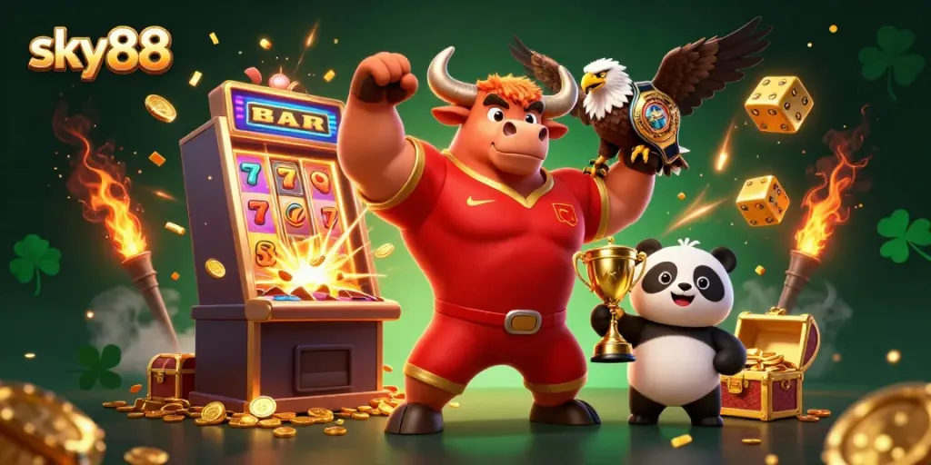 Engage in thrilling slots action with sky88's vibrant jackpot scene featuring a bull mascot, eagle, and panda amidst golden treasures.