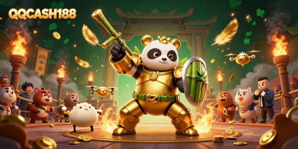 Experience exciting gameplay like QQCASH188 in a vibrant 3D illustrated casino arena.