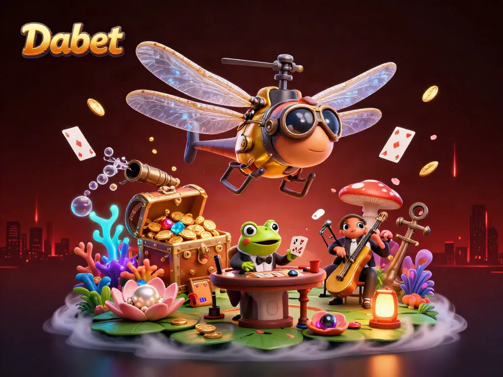 Dabet casino scene featuring a dragonfly pilot and frog croupier dealing cards in a vibrant 3D illustration.