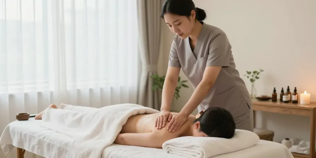 신촌출장안마 session with professional therapist in a calming treatment room.