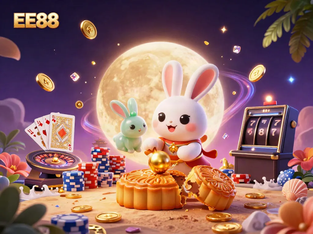 Experience the exciting world of EE88 with a playful moon rabbit and rich casino elements.