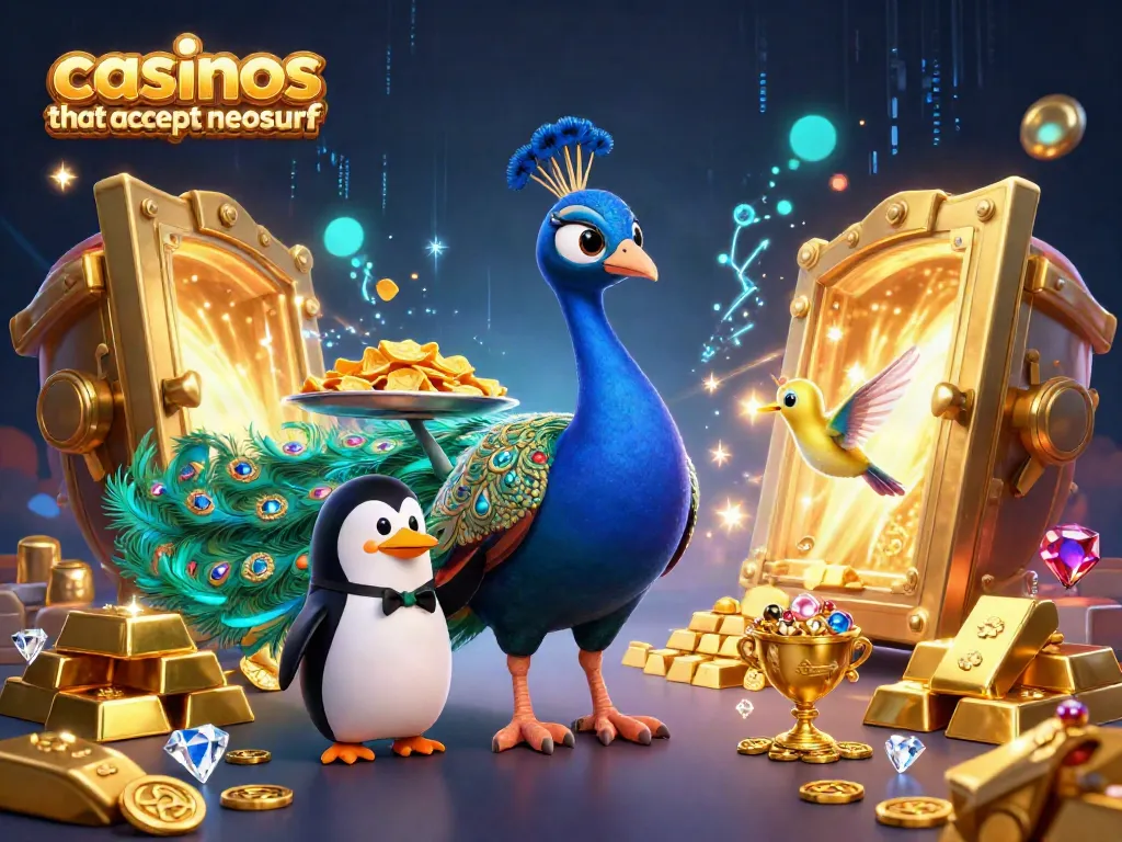 Engage with casinos that accept neosurf through a vibrant casino scene featuring a peacock, penguin, and hummingbird.
