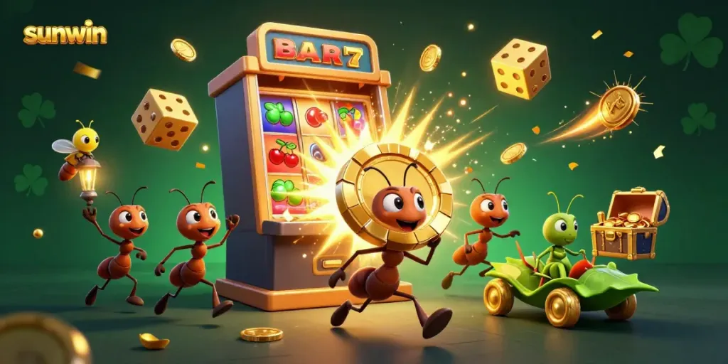 Experience thrilling heists with sunwin, as cartoon ants carry a giant poker chip amidst dynamic casino elements.