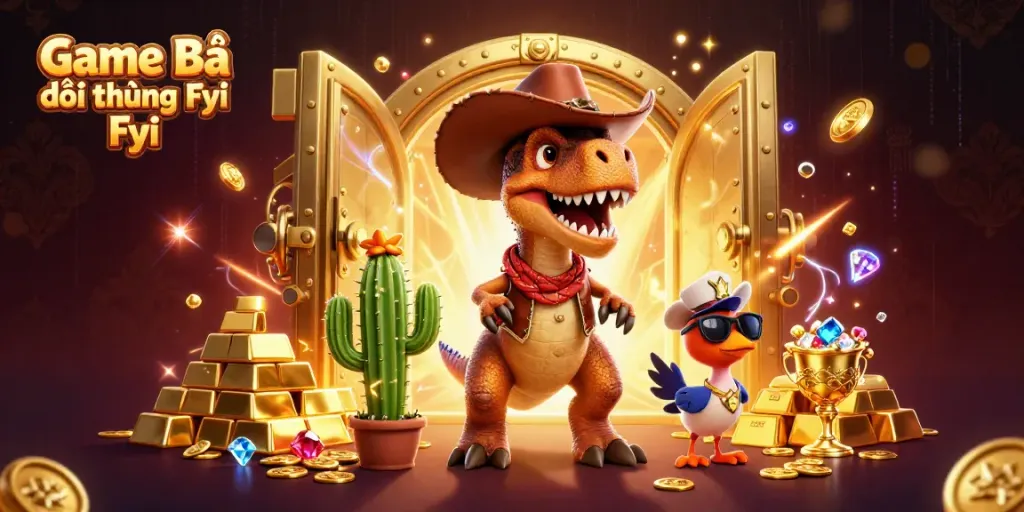 Dive into the excitement of Game Bài Đổi Thưởng Fyi with a vibrant 3D scene featuring treasures and quirky characters.