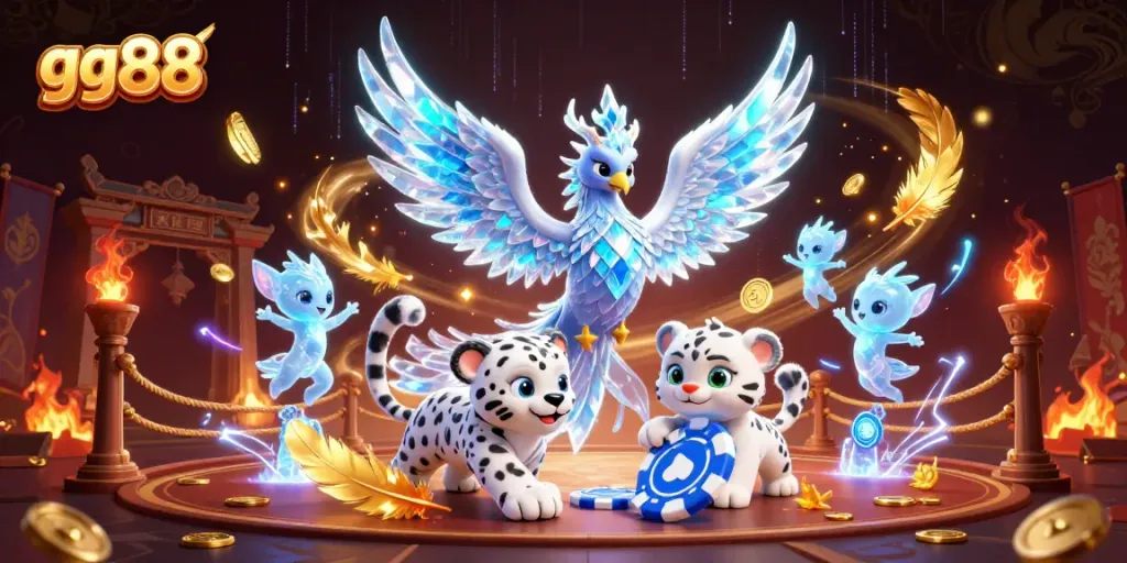Engage in vibrant gaming at gg88 with an illustration of a phoenix, poker chips, and magical ice sprites.
