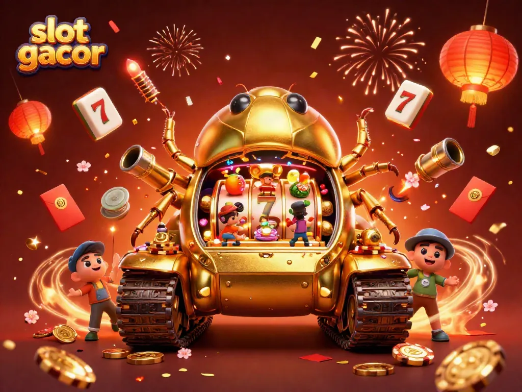 Experience an exciting scene of slot gacor with a golden beetle tank revealing a miniature casino.