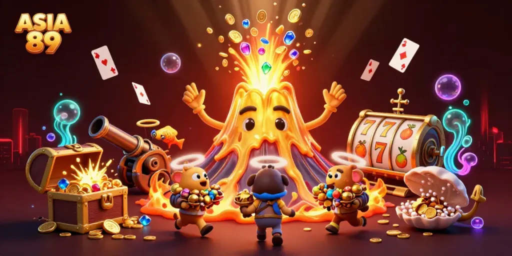 Engage with thrilling gameplay at ASIA 89 with a vibrant scene of a golden volcano erupting treasure in a casino environment.
