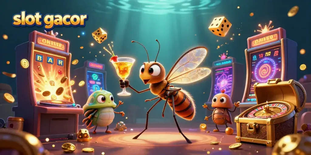 Experience slot gacor excitement with an animated 3D casino scene featuring characters and vibrant elements.