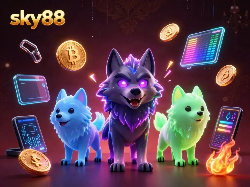 Engage with sky88 while enjoying a vibrant 3D casino scene featuring wolf characters and crypto elements.