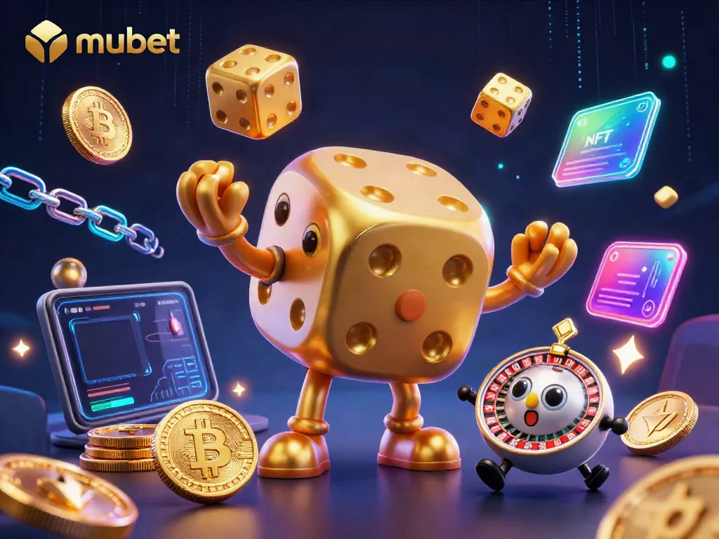 Engage in thrilling gaming at mubet with golden dice golem amidst glowing crypto elements and vibrant background.