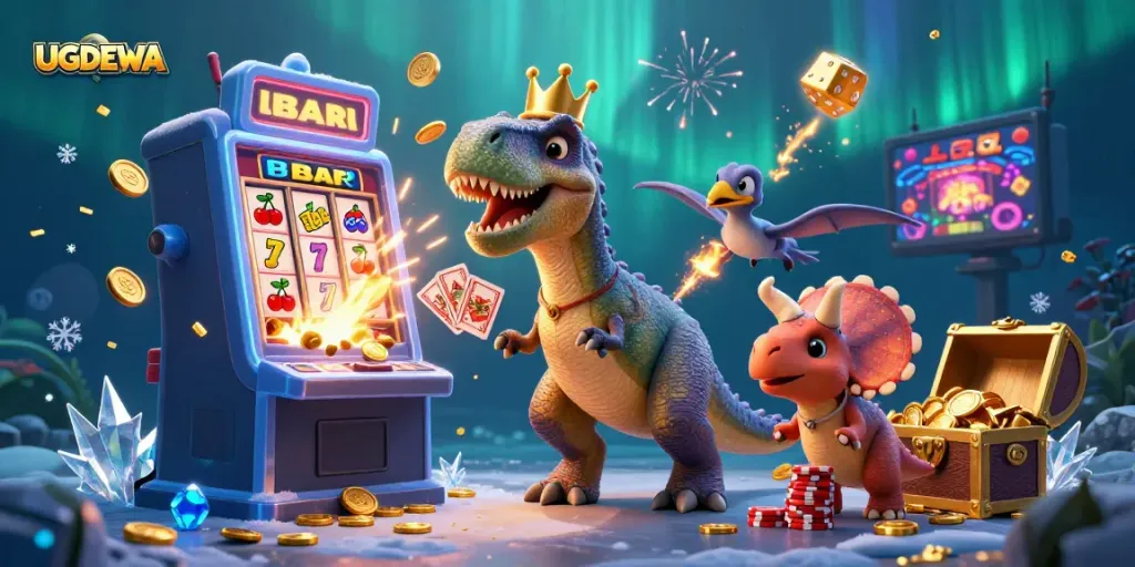 UGDEWA showcases a charming T-Rex shuffling cards with friends in an exciting lottery scene bursting with color and gold.