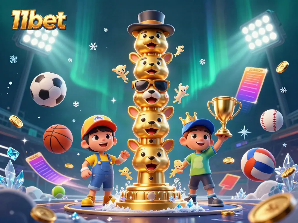 Experience thrilling gameplay with 11bet's vibrant scene featuring a golden totem pole and dynamic sports elements.