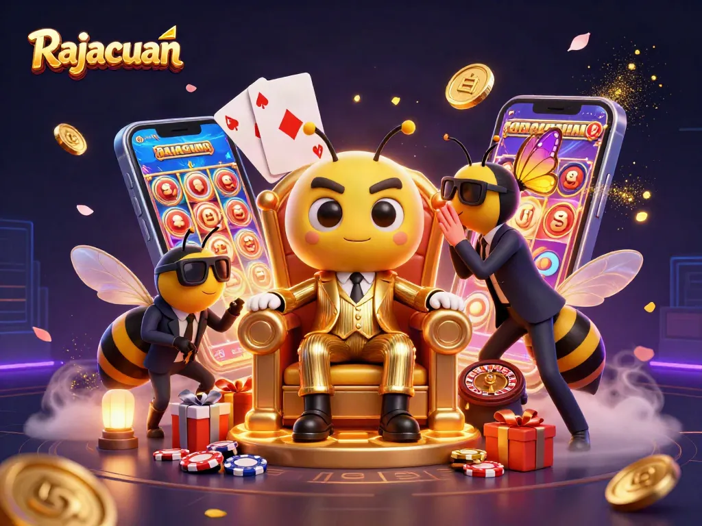 Rajacuan slot game features a lively scene with a bumblebee mob boss, gaming elements, and golden winnings.