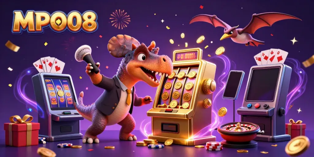 MPO08 captures a pachycephalosaurus creating a jackpot scene at a golden slot machine in a vibrant casino atmosphere.