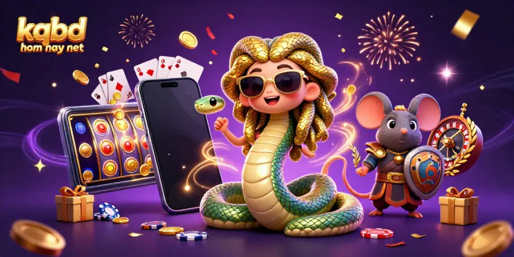 Experience the excitement of kqbd hom nay net with a vibrant, dynamic casino scene featuring a friendly Medusa and gaming elements.