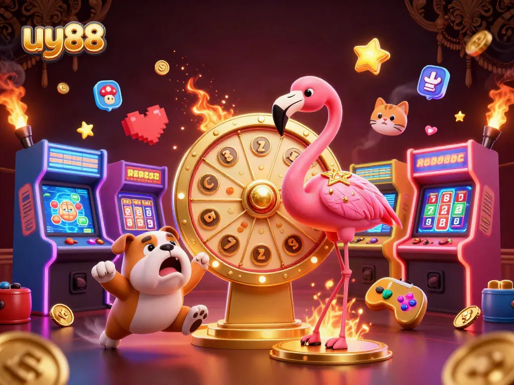 Experience winning excitement at uy88 with an animated casino scene featuring games and prizes.