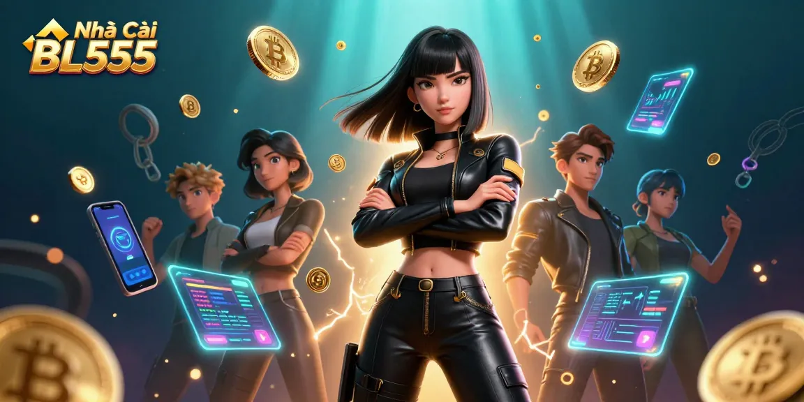 Experience the thrilling world of Nhà Cái BL555 with stunning visuals of casino gaming and crypto elements.