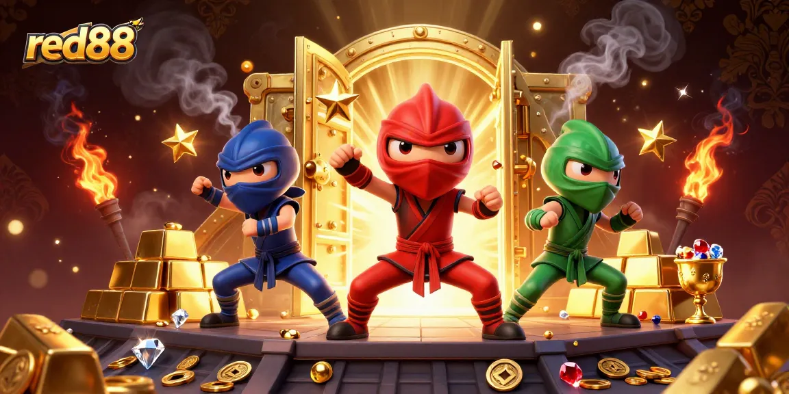 Experience thrilling gameplay at red88 with chameleon ninjas showcasing martial arts amidst sparkling treasures.