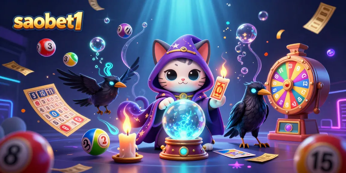 Experience thrilling gameplay with saobet1 featuring a mystic cat, glowing raven, and vibrant lottery elements.