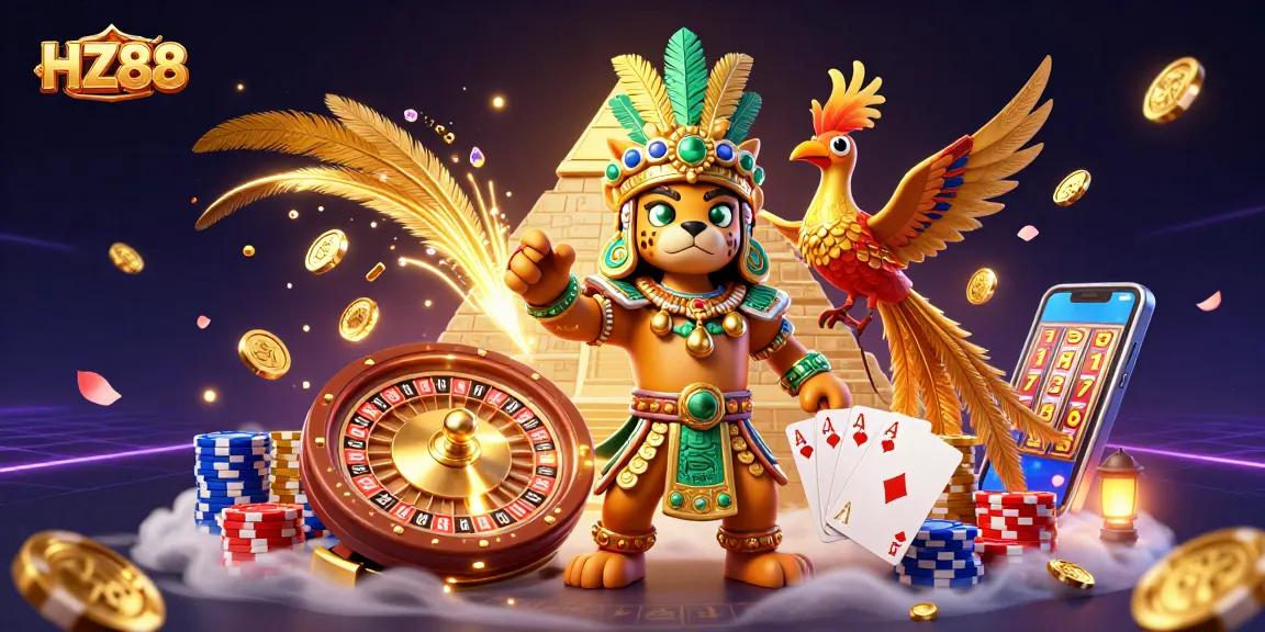 Experience the excitement of HZ88 with a vibrant 3D casino scene featuring golden coins and playing cards.