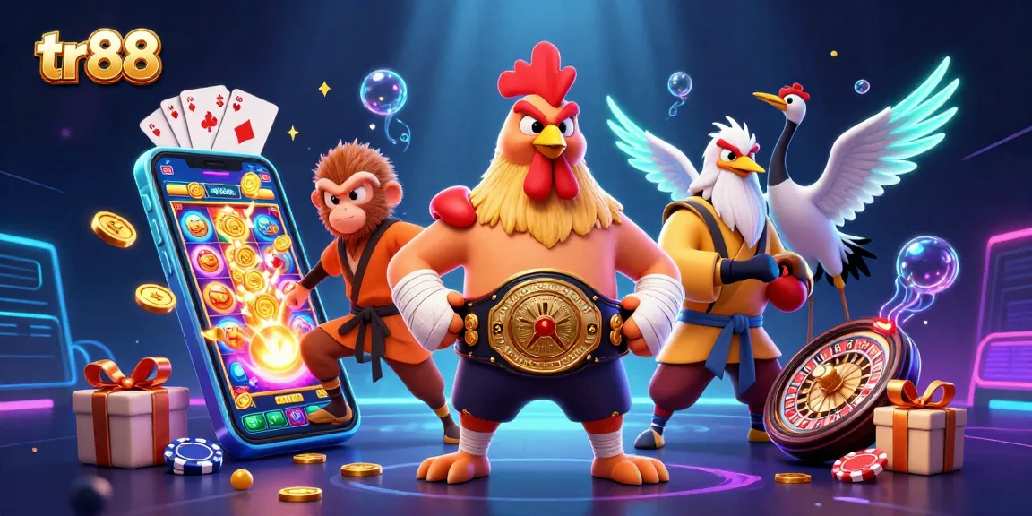 Experience tr88's vibrant online gaming with characters and dynamic casino elements.